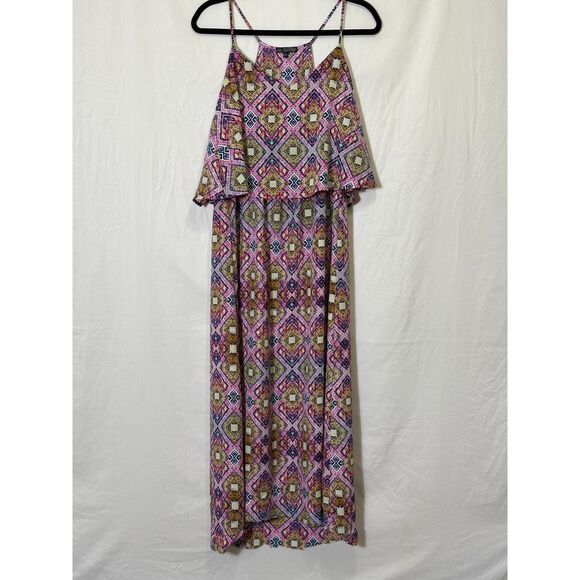 BeBop Women's BOHO Racer Back Ruffled Maxi Skirt Size L Geometric Design - Picture 1 of 4